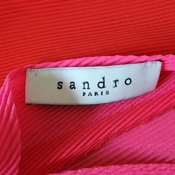 Sandro Ebba Accordion Pleat Split Hi Low Sleeveless Blouse in Red & Neon Pink - Picture 13 of 15